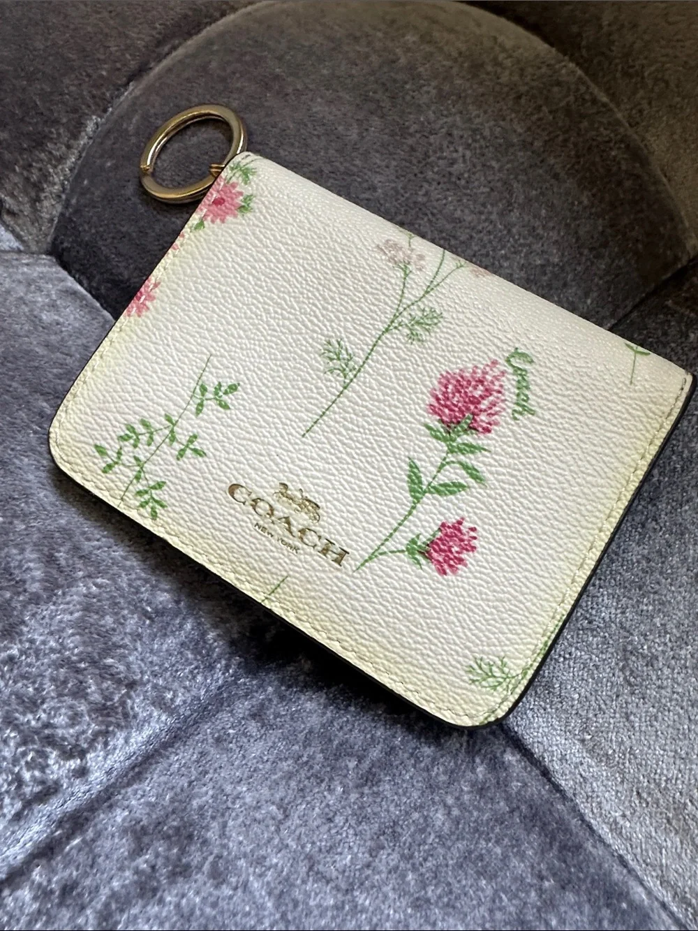 COACH Cream Floral Leather Card Holder with Pink Blooms